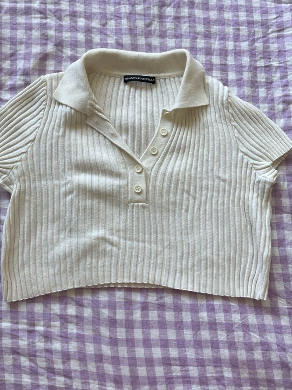 Brandy Melville Cream Ribbed Polo Crop Top